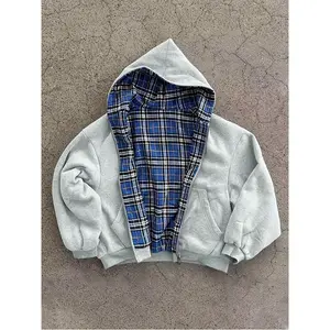 Two-in-one! Vintage double-sided hooded sweatshirt, blue plaid zip-up pullover, unisex casual loose-fitting autumn and winter jacket