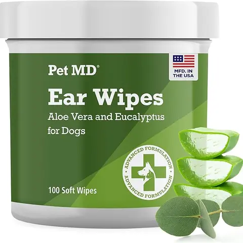PET MD Dog Ear Cleaning Wipes - Otic Cleanser for Dogs to Stop Ear Itching - Aloe and Eucalyptus - 100 ct