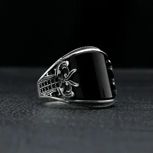 Men's Retro Curved Black Onyx Silver Ring Thunders Ring Design Vintage Rings Jewelry