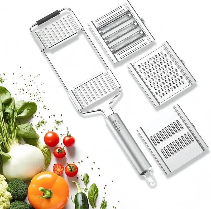 Stainless Steel 3-in-1 Multi-Purpose Kitchen Utensils Set - Handheld Slicer, Grater with Lid, Ideal for Garlic, Cheese, Chocolate, Master Gourmet Dishes Quickly