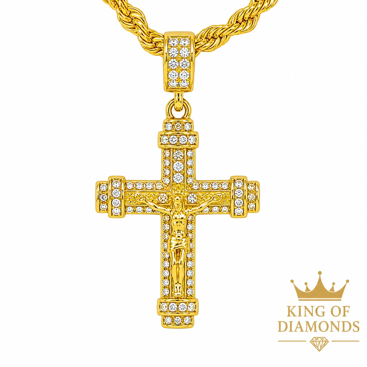 Iced Out Cross Chain, Unisex Single Necklace with Sparkling Rhinestones, Plated Alloy Rope Chain, Casual Wear, Metal Coating, Pendant, Classic, Photoshoots, Gold, Synthetic/Simulated Coloured Gemstone, Chain Jewelry Necklaces