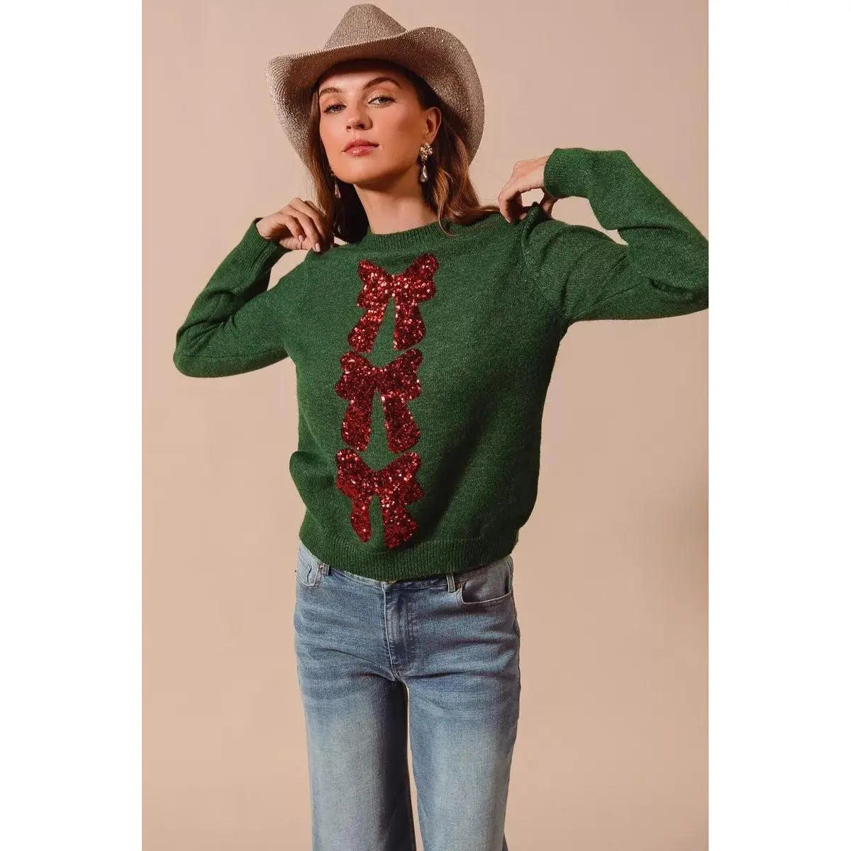 Sequins Bow Ribbon Embellished Christmas Sweater