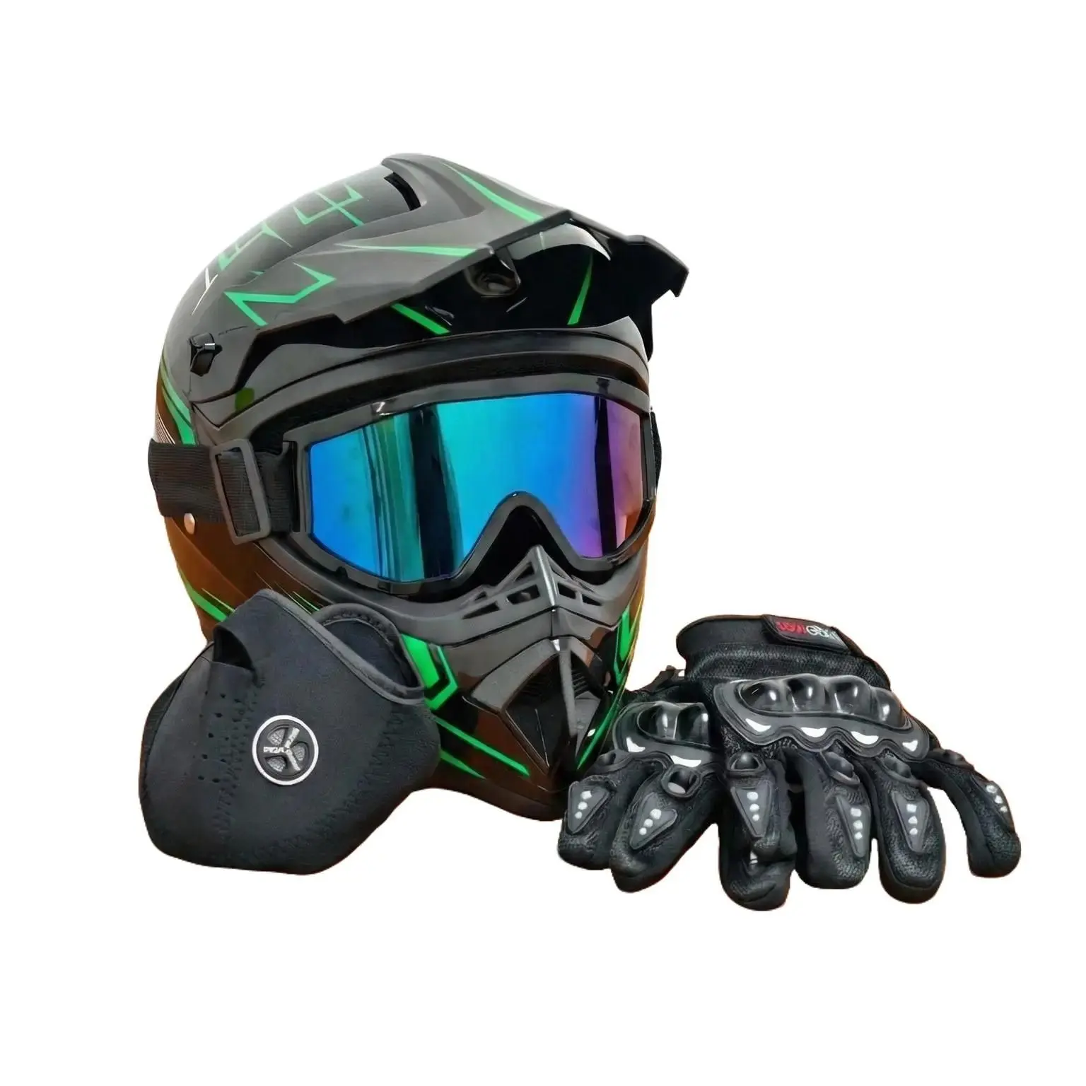 Adult Full Face Pneumatic Helmet, DOT Approved Black Green Tactical Motorcycle Helmet with Goggles & Face Mask, Windproof Breathable Adjustable Safety Helmet for E-Bike, Motocross, Dirt Bike, ATV & Off-Road Cycling summerwins