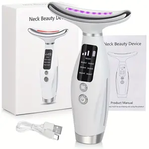 Neck and Face Massager with Red and Blue LED Light, Skin Firming Beauty Device, 7 Mode Rechargeable Facial and Neck Care Tool for Home Use