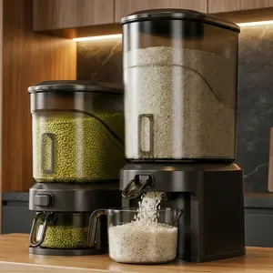 One-touch seal rice bin and grain storage container; large-capacity rice dispenser and grain box; insect-proof and moisture-proof; one-touch design for grains, beans, pet food, and kitchen cereal dispensers; rice storage container. outdoorfun