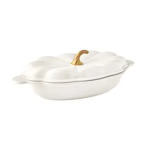 Stoneware 3-Quart Oval Pumpkin Casserole Baking Dish with Lid, Linen