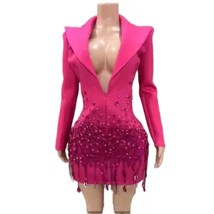 Sexy Flirting Blazer - Pink Blazer with Beaded Skirt and Deep V Neckline for Flirty Looks
