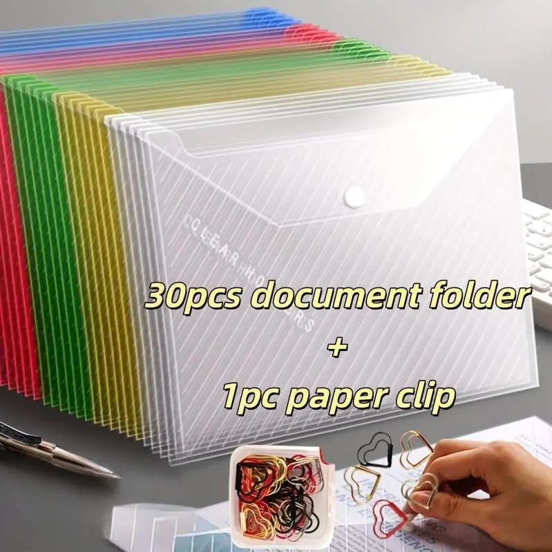 30pcs Clear A4 File Bags+1pc Paper Clip with Mixed Color& White Design- File Jackets& File Pocketswith Button Closure, Stylish Storage Organizer for Office, School And Home Use-Durable