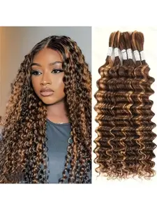 P4/27 Deep Wave Deep Bulk Human Hair For Braiding No Weft Highlight Ombre And Wavy Micro Braiding Hair Human Hair Bulk For Boho Box Braids 100g With 2 Bundles Real Hair Extensions