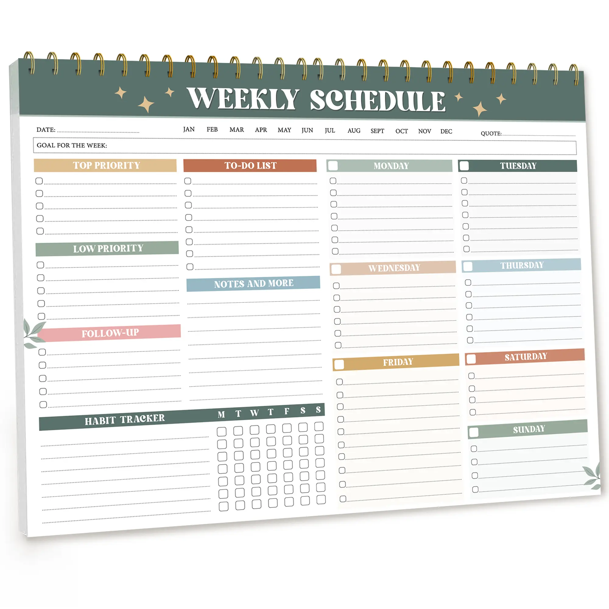 Weekly To Do List Notepad (8.5x11"), 52 Undated Planner Sheets, Large Weekly Planner Desk Pad For Work, School & Home, Modern Boho Spiral Bound or Rainbow Boho Flat-Top