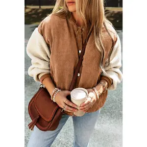 Buckskin Corduroy Fleece Patchwork Buttoned Bomber Jacket