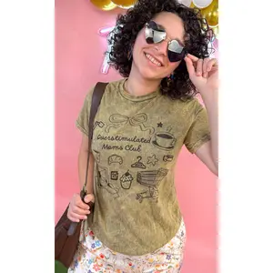 Tees2urdoor Women's Cotton Fitted Round Neck Short-Sleeve Print Jersey T-Shirt - Soft Vintage Mineral Wash "Overstimulated Moms Club" Everyday Casual Essential Top