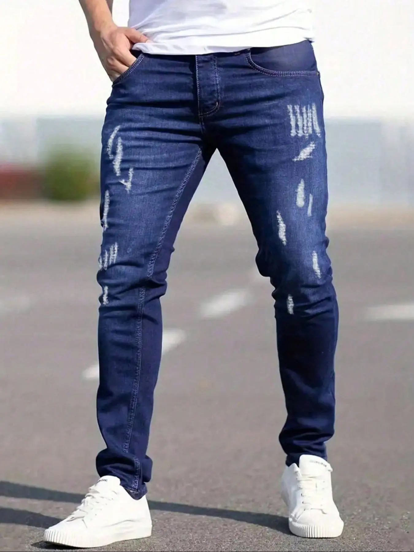 Men's Ripped Skinny Denim Jeans Dark Wash, Fashion Ripped Jeans, Plain Ripped Jeans, Distressed Skinny Denim, Casual Streetwear Comfy Regular Fit Jeans for Daily Wear, Men's Bottoms for All Seasons Pants