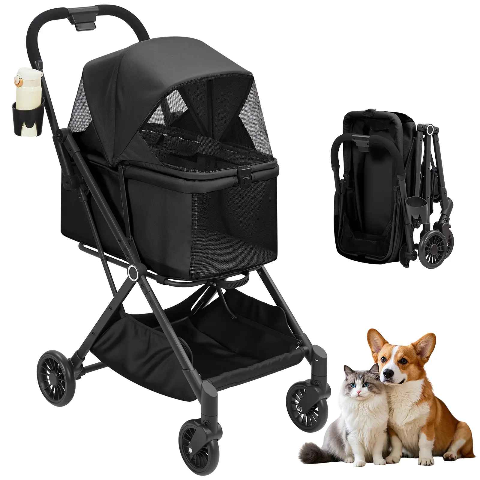 Foldable Pet Stroller for Small Dogs & Cats 360° Shock-Absorbing Wheels Lightweight Aluminum 22 kg Capacity with Rainproof Canopy & Storage Basket