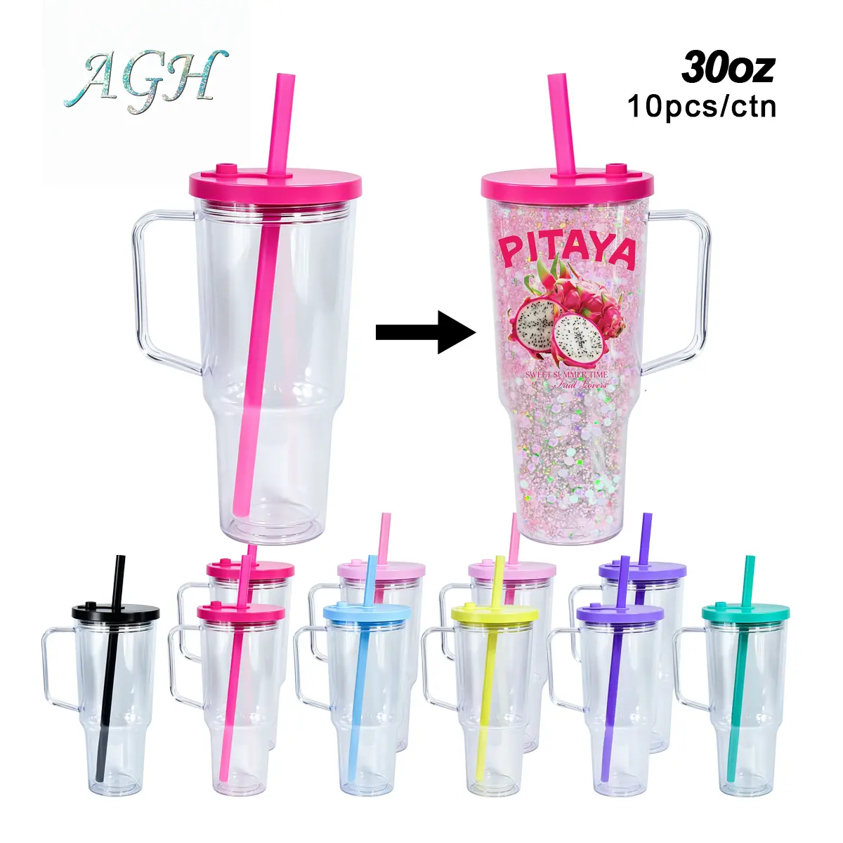 AGH [New Upgraded] 10pcs 30oz Plastic Snow Globe Handle Tumbler with Color Leak Proof Milk Tea Lid & Straw for DIY Glitter Gift & Upgraded Material