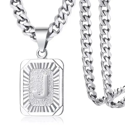 Jewelfairy Silver Color Square Initial Letter A-Z Pendant Necklace for Men Women 3/5mm Stainless Steel Cuban Chain Name Pendant Necklace