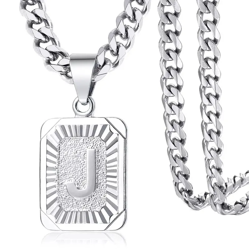 Jewelfairy Silver Color Square Initial Letter A-Z Pendant Necklace for Men Women 3/5mm Stainless Steel Cuban Chain Name Pendant Necklace