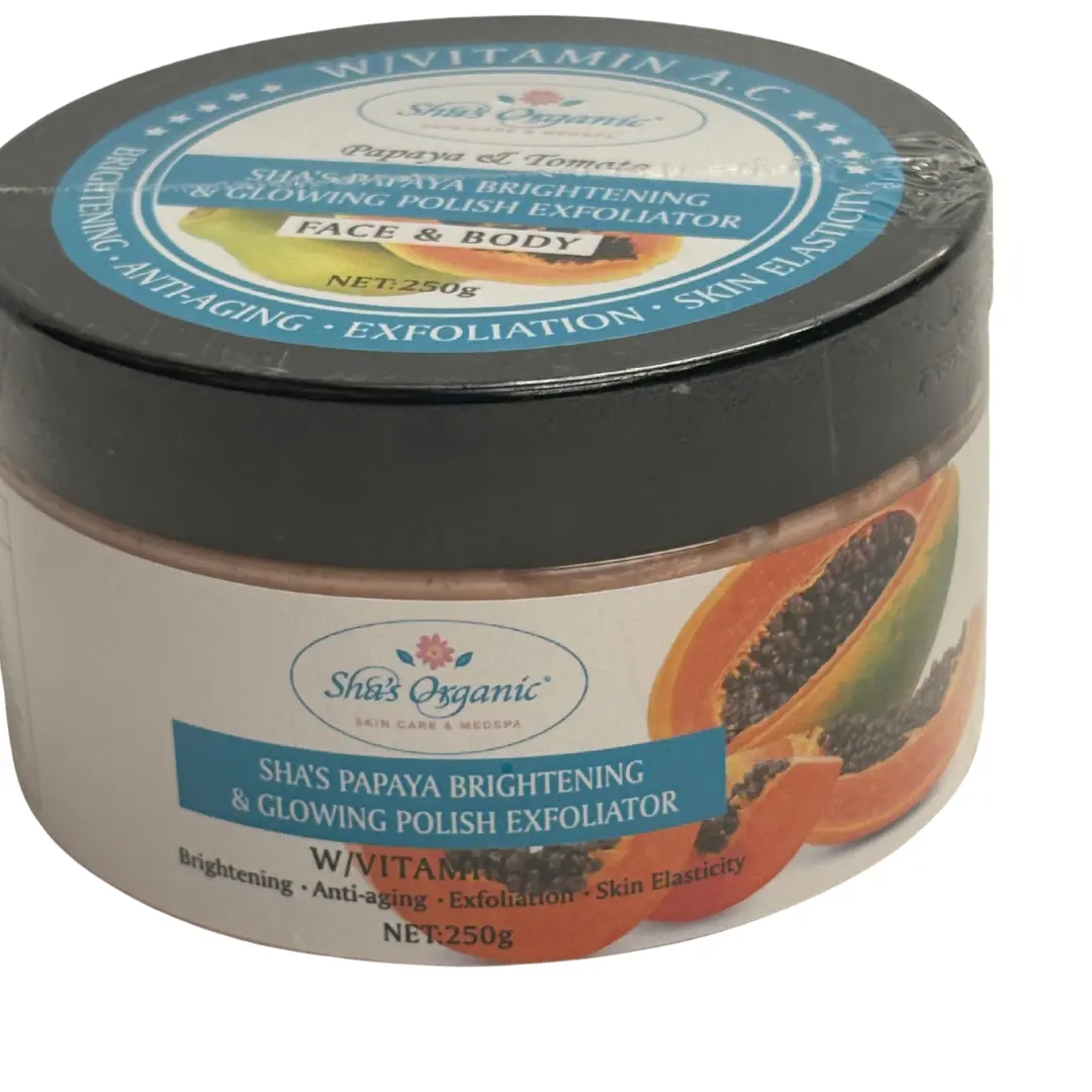 Sha's Organic Papaya Brightening Scrub - Body Care Cosmetic, Cleansing Exfoliator for Skin Exfoliate, Anti-Aging Repair & Radiant Youthful Complexion, 250g Jar