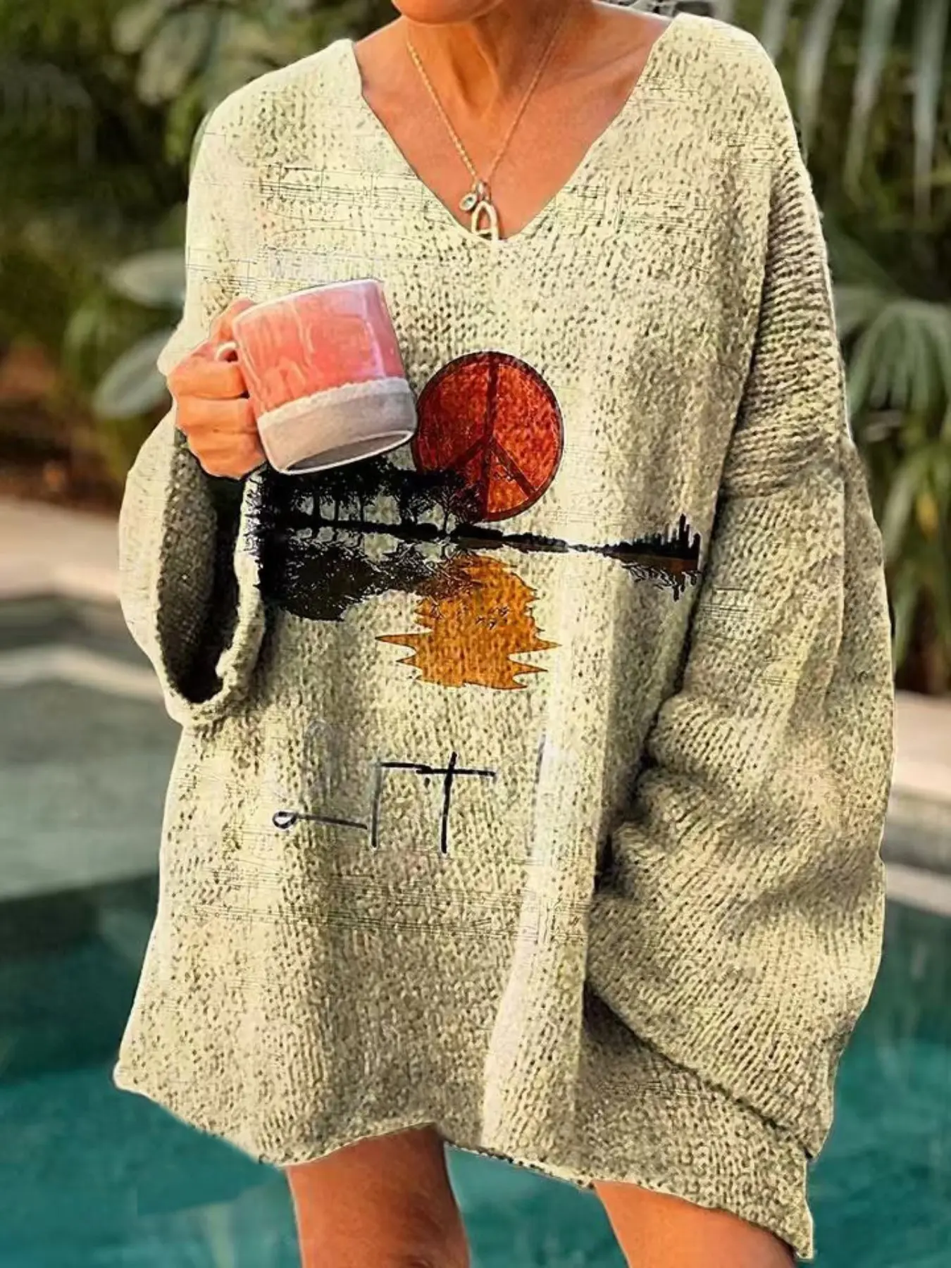 Women's Bohemian Sunset Pattern Waffle Knit Sweater, Casual V-Neck Long Sleeve Oversized Loose Baggy Pullover, Vintage Boho Vacation Style Fall Comfort Knitwear