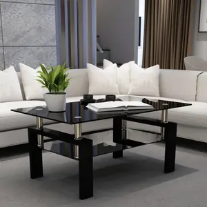 【Bellemave】Rectangle Black Glass Coffee Table, Clear Coffee Table,Modern Side Center Tables for Living Room,Living Room Furniture