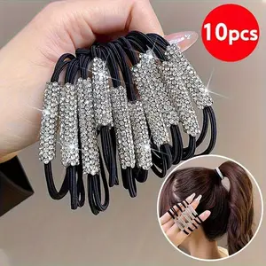 10pcs Himop Elegant Black Hair Ties with Sparkling Rhinestones - Durable Polyester Elastic Bands for Stylish Ponytails & Buns, Fashionable Hair Accessories for Girls