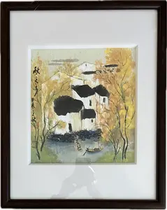 Hand-painted Ink Wash Painting One of a Kind Framed with Solid Wood Village Scene Artwork