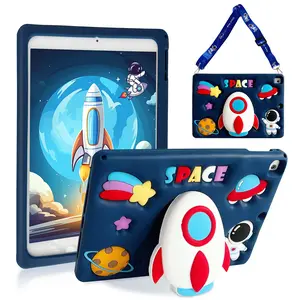 for iPad 9th Generation Case iPad 10.2 Case for Kids with Screen Protector, Kickstand, Shoulder Strap Cute Rocket Stand Silicone Protective Cover for iPad 9th 8th 7th Gen 2021 2020 2019, Blue cute  ipad  case
