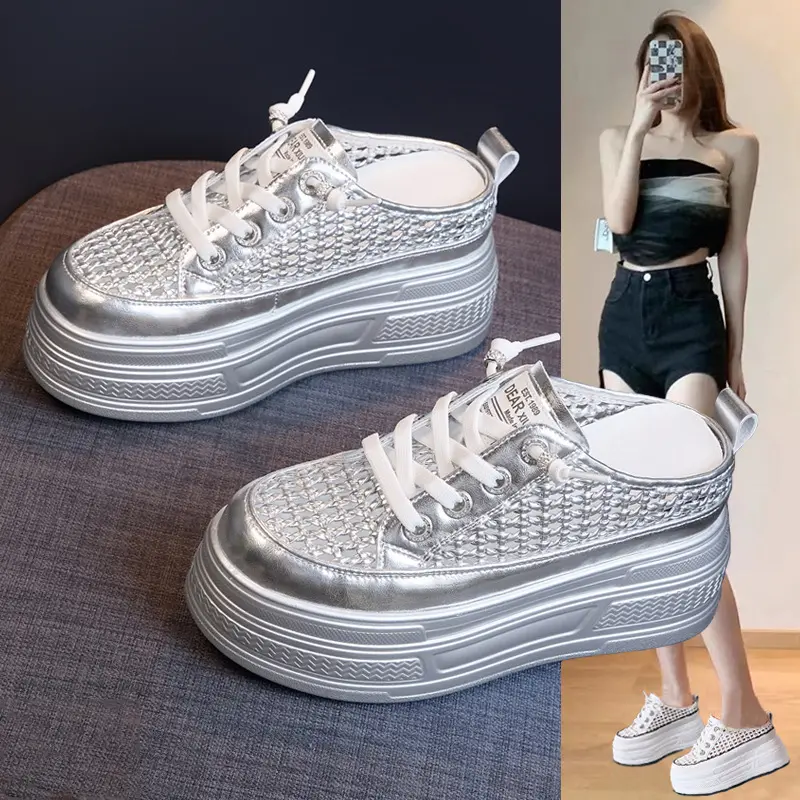 Genuine Leather Half Sole White Sneakers for Women 2025 Summer New Round Toe Thick Sole Hidden Wedge Solid Color Breathable Mesh Casual Shoes