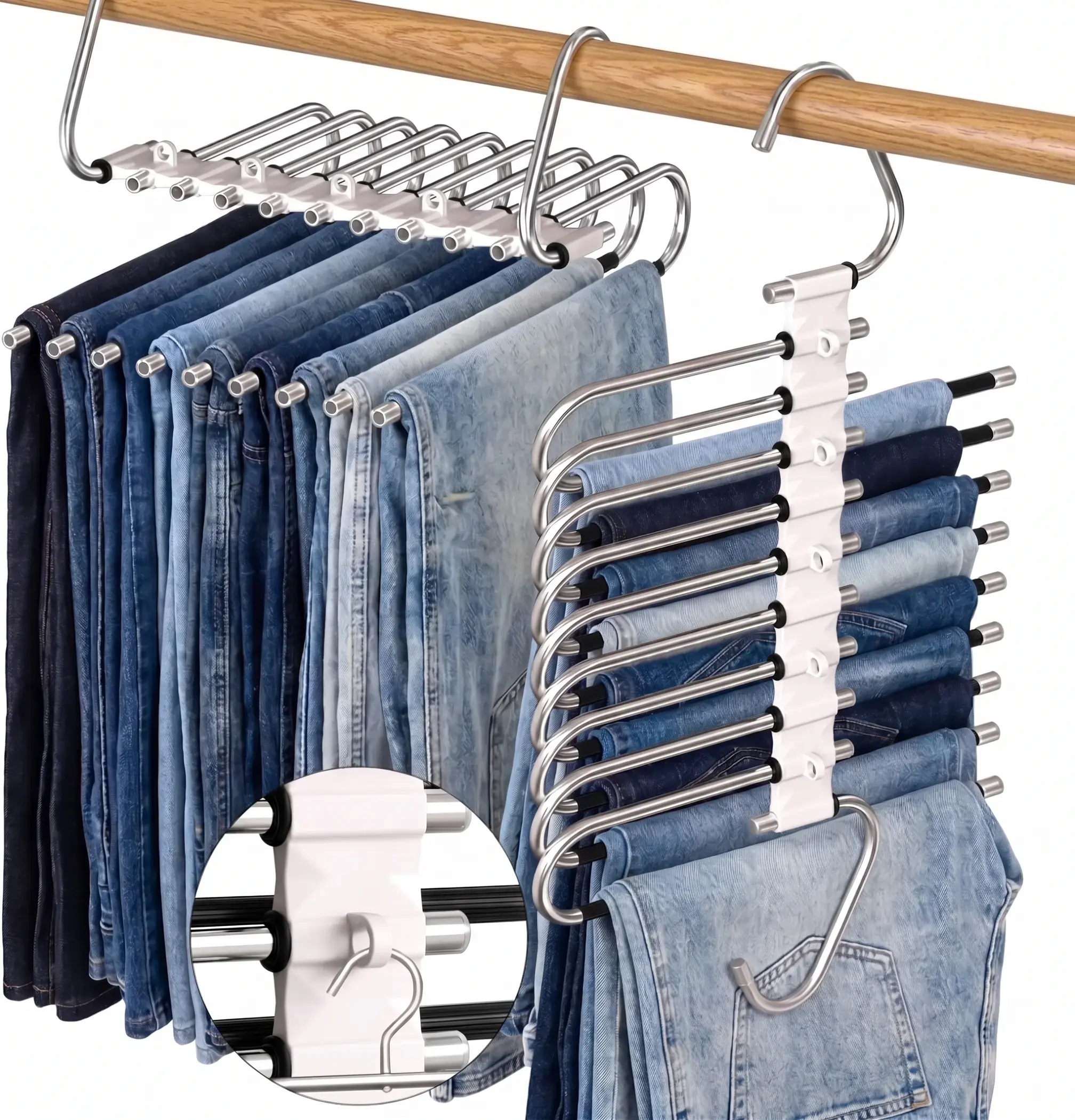 Space Saving Stainless Steel Foldable Pants Hanger, Multi Layer Retractable Sliding Rod Jeans Trouser Organizer with Adjustable Hook, Vertical & Horizontal Dual Hanging Closet Storage Hanger for Slacks Denim