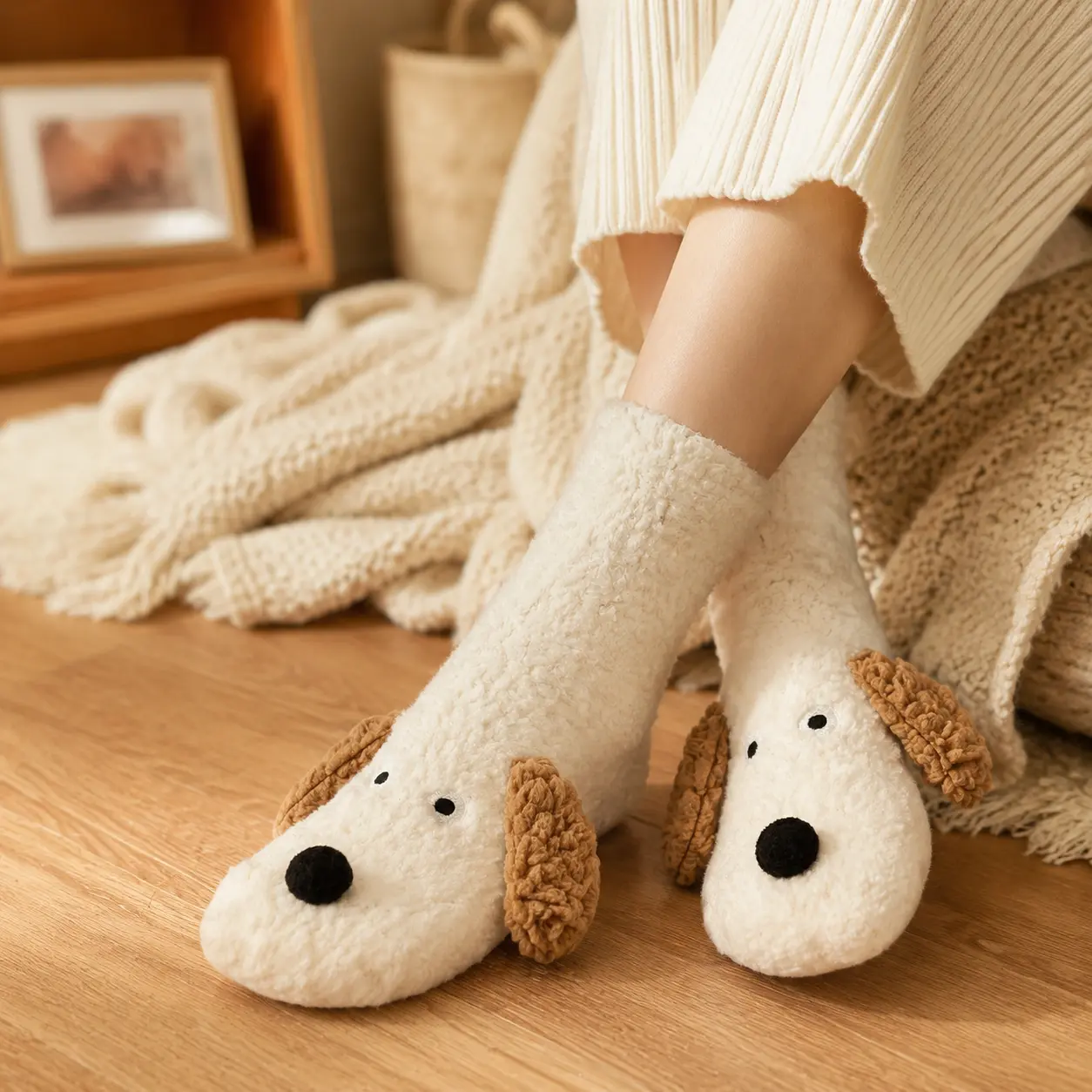 FEITAI Women's Calf-High Fuzzy Socks, Cute Cartoon Dog Design, Winter Warm, Non-Slip Floor Socks, Fits Everyday Simple Wear