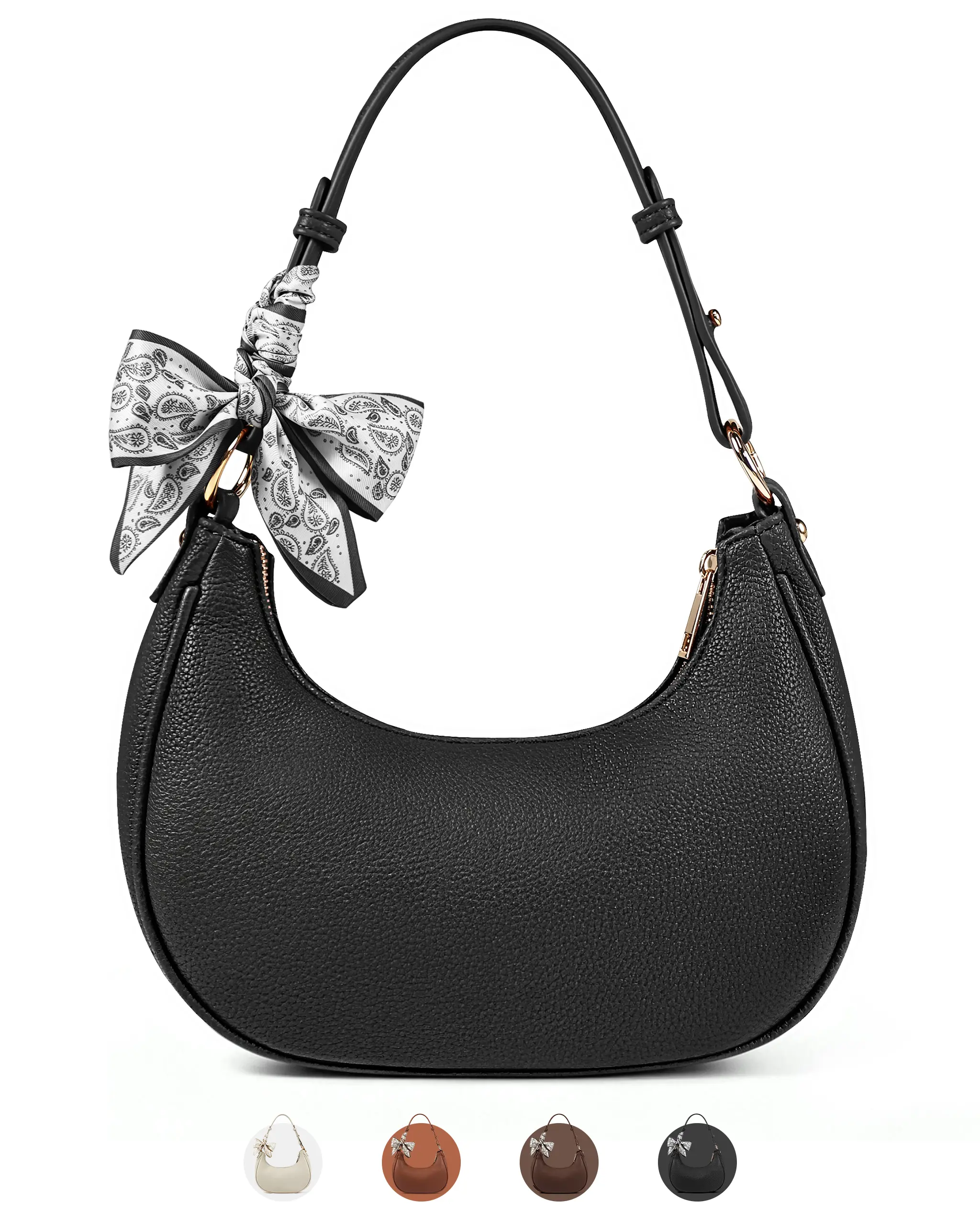 Shoulder Bag for Women Litchi Leather Hobo Silk Scarf underarm Purse Casual Half Moon Bag with Adjustable strap