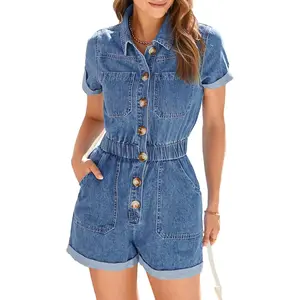 FMEYOA Women's Short Sleeve Denim Rompers Cotton Utility Button Up Elastic Waist Short Jumpsuits