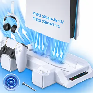 PS5 Cooling Stand for PlayStation 5 Standard/Slim/Pro Console, Vertical Charging Dock with Dual Controller Charger for DualSense and DualSense Edge, Headset Holder, Multi-Function Cooling Station Accessories
