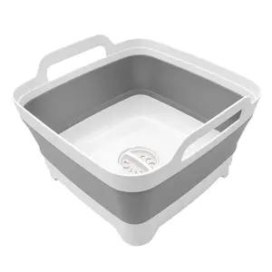 Collapable Dish Basin, 9 Liter Portable Washbasin with Drain Plug, Space-Saving Collapsible Bucket, Suitable for Camping, Vegetable Washing, RV Plastic Laundry Container, White+Grey