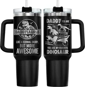 Daddysaurus Tumbler 40oz with Handle Lid and Straw, Funny Like a Normal Daddy But More Awesome Dinosaur Gift, Black Dino Insulated Stainless Steel Cup, Fathers Day & Birthday Present to Papa