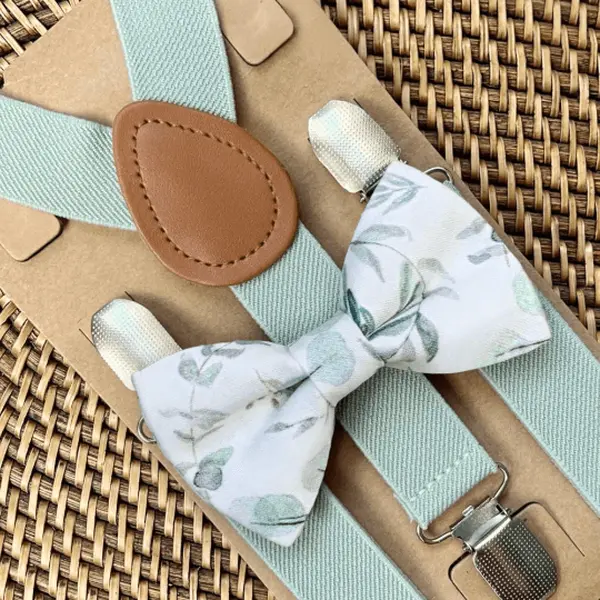 Floral Sage Bow Tie & Sage Green Suspenders Set, Wedding Men’s Tie