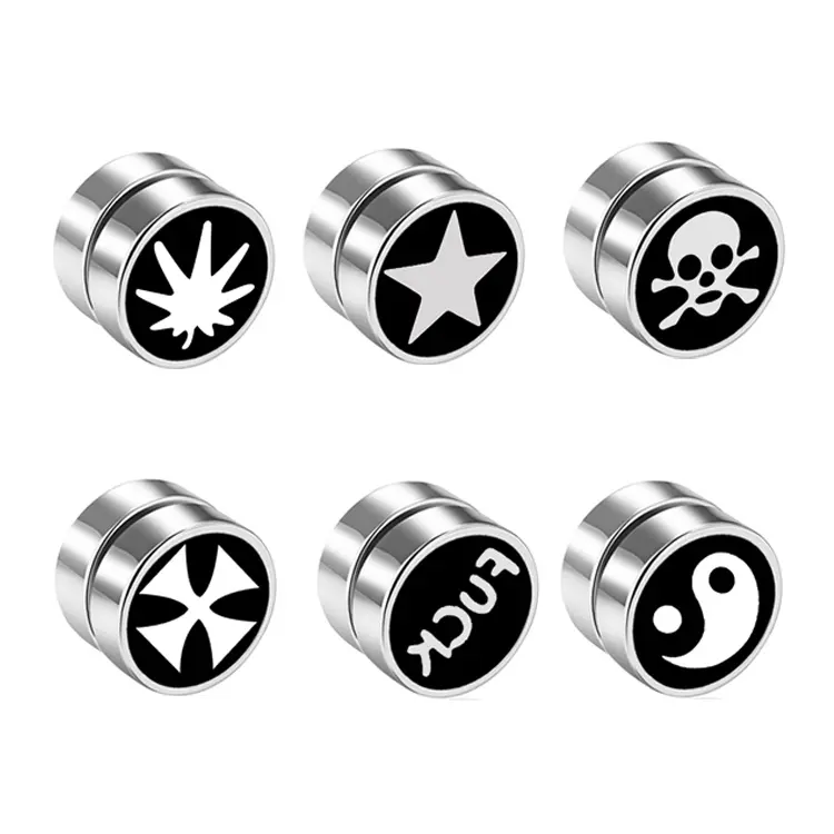 OIDEA Unisex Piercing-Free Magnetic Stud Earrings, 6-Pair Mixed Patterns Set with Symbol Motifs, Polished Stainless Steel for Daily Outfits & Concerts, Compact Polished Metal Earrings for Concert Outfits