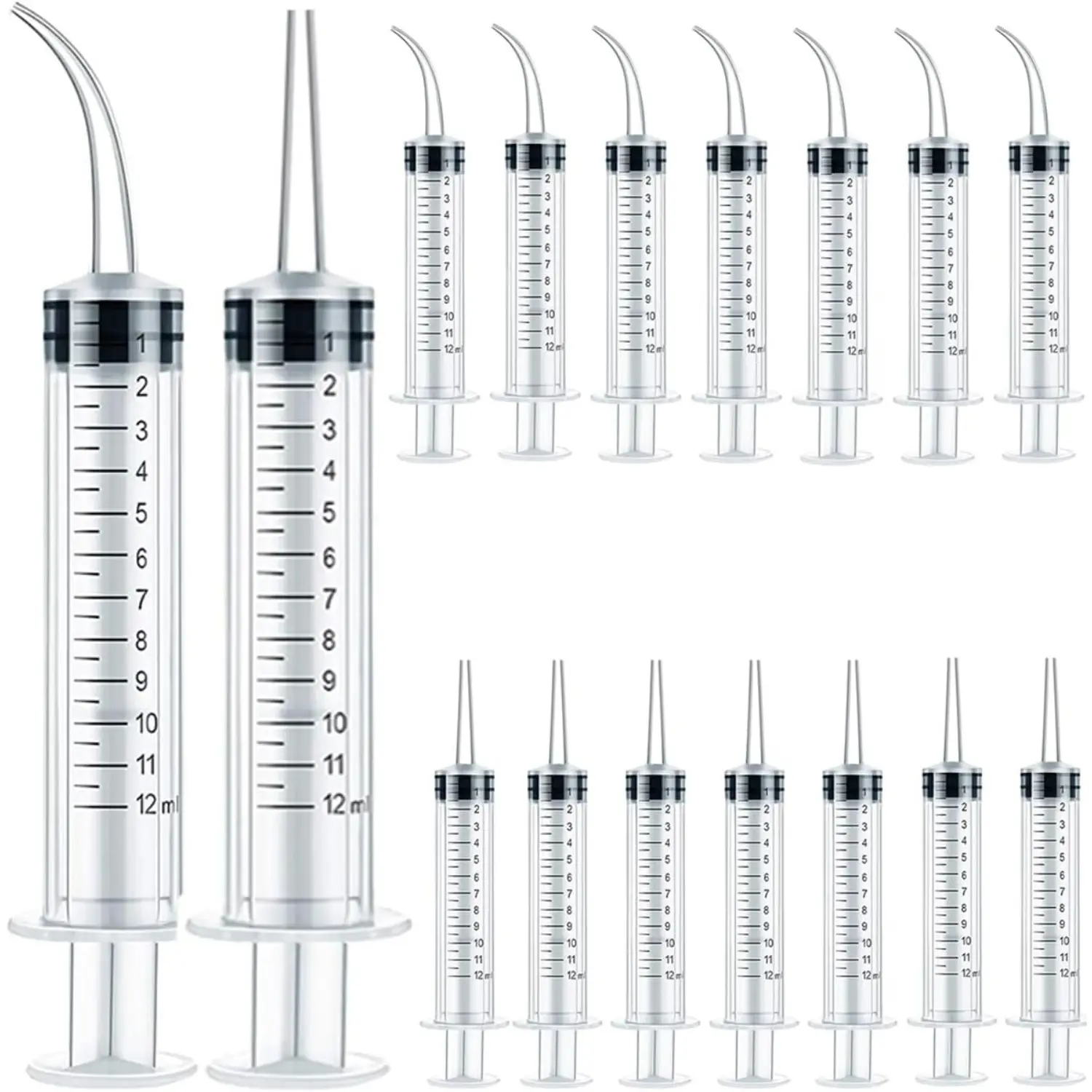 16PCS 12ml Transparent Polypropylene Disposable Plastic Syringes Set - Curved & Straight Tips, Kitchen Specialty Utensil with Measuring Scale for Dosage Control, Craft Work, Irrigating Cuts, Wash Teeth (Transparent Body for Small Space Use)