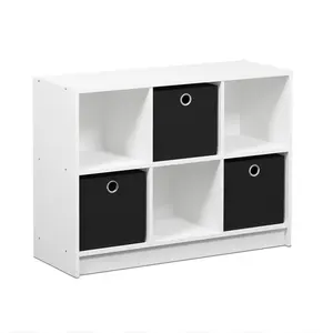 Wooden 3x2 Cube Bookcase - 6-Cube Horizontal Shelves with Bins, 11.9x31.6x23.6 in, White/Black Indoor Furniture for Living Room & Home Office Organization