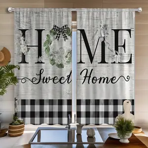 2D Flat, 2pcs 2D Flat Printing: Simple Gray-black, Black-and-white Checkered, Letter Print, Warm Kitchen Window, Polyester Fiber Material, Translucent Machine-washable Curtain Fabric for Kitchen Decor. Small Window Curtains, 2D Flat room darkening floral