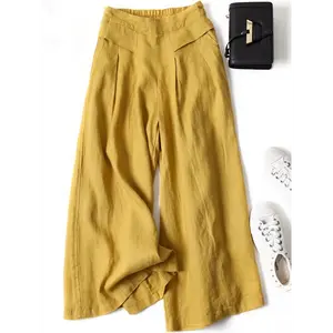 Linen Wide-Leg Ankle Pants, Breathable Thin Loose Linen Skirt Pants, Ethnic Style Vintage Trousers Minimalist Basic Casual Bottom Womenswear