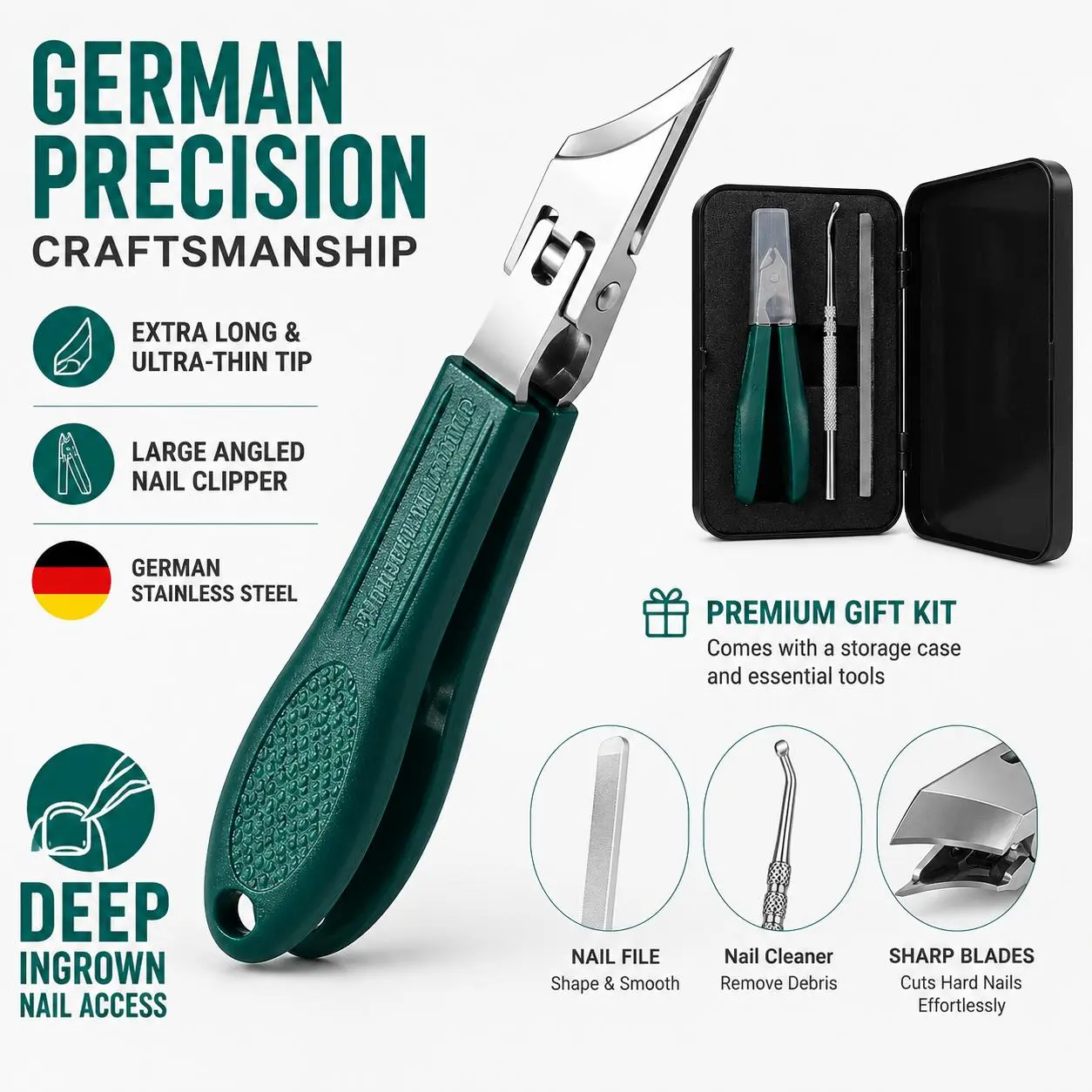 Eagle Beak Beveled Nail Clippers, 3Pcs/4Pcs Wide Jaw Opening Anti-Splash Slanted Nail Clipper, Heavy Duty Wide Opening Toenail Clipper,Seniors&Ingrown Care(Green)
