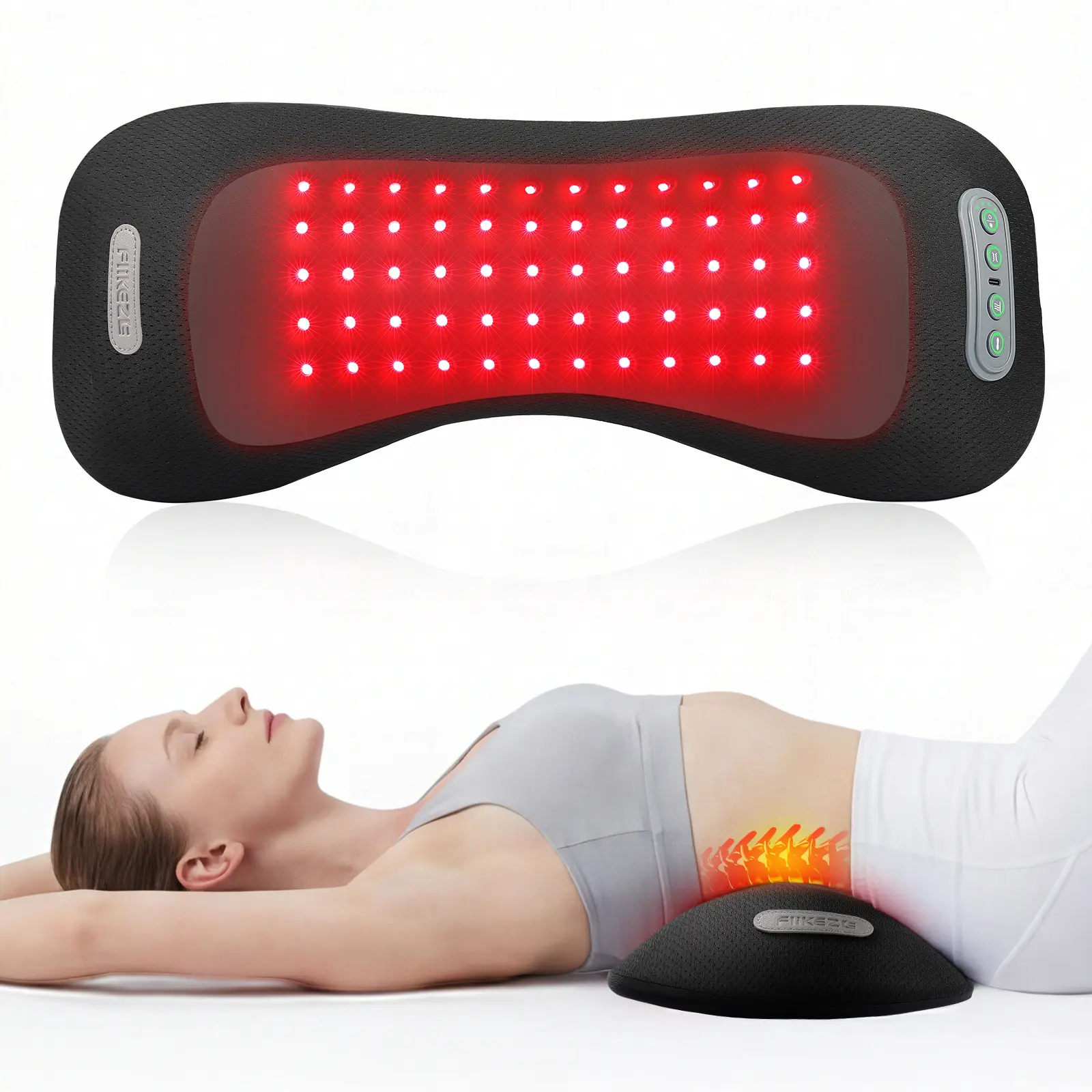 4-in-1 Lumbar Support Massager Pillow - 5000mAh Battery Powered Electric Lower Back Massager with USB Port, Red Light Therapy, Vibration, Air-Cell Traction, Heat Therapy for Body Pain Relief, Suitable for Home, Office