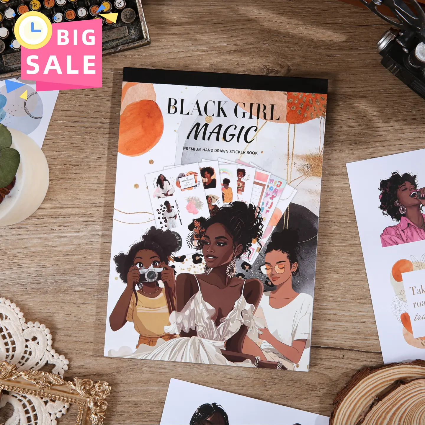 Women’s Black Girl Magic 24-Page Premium Scrapbooking Set - Hand-Drawn, Waterproof, Durable Adhesive Sticker Embellishments for Planning Projects, Planner Personalization, 24 Pages