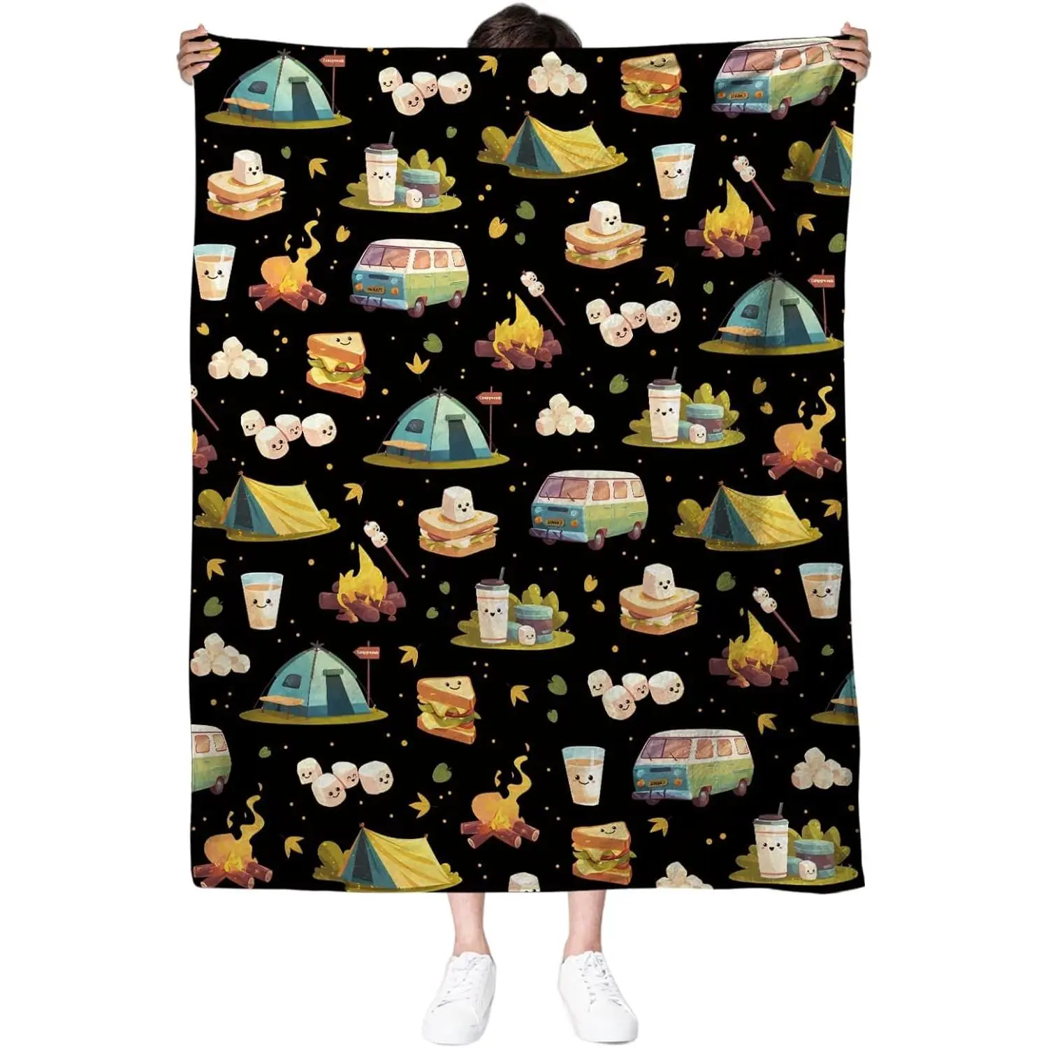 Marshmallow Blanket, Camping Blanket, Gifts for Camping Lovers, Cute S'Mores Blanket, Christmas Camping Gifts for Couples, 50" X 60" Marshmallow Cookie Blankets Birthday Christmas