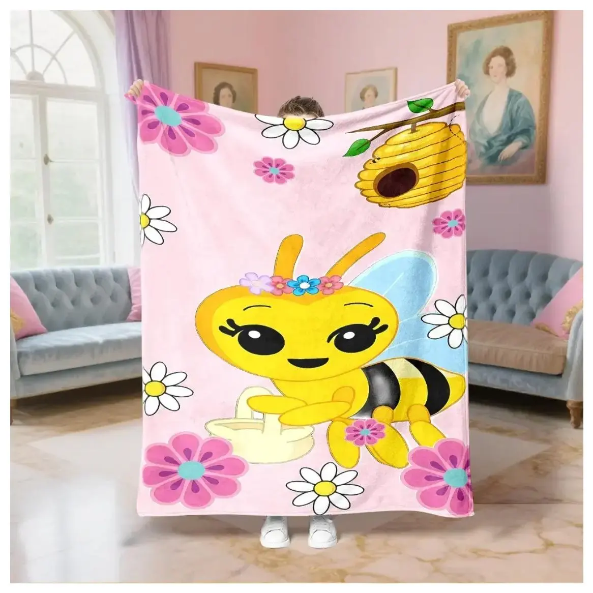Cute Bee Pattern Flannel Blanket - Premium Flannel Material Soft Comfortable All Season Throw for Sofa Bed Office Travel Camping Dorm Mother's Day Birthday Christmas Gift Suitable as a gift sizes 60*80,30*40 ,40*50 50*60