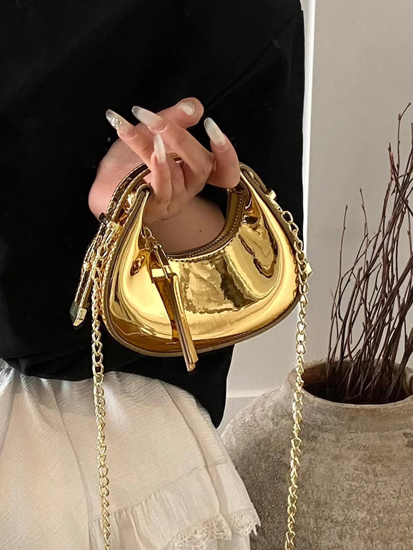mini handbag, Chain crossbody bags, Crescent shoulder bag, crescent geometric shape, metal chain decoration, niche design fashion handbag, stylish mobile phone bag, suitable for shopping, dating, parties, Chain Decorated Handbag, Pu Leather Handbag