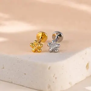 Titanium Tiny Flower Stud Earring • Flat Back Earrings • Tragus Stud • Helix Stud • Cartilage Stud • Nose Stud • 18G/16G Internally Threaded, Gold Plated Nose Piercing Studs