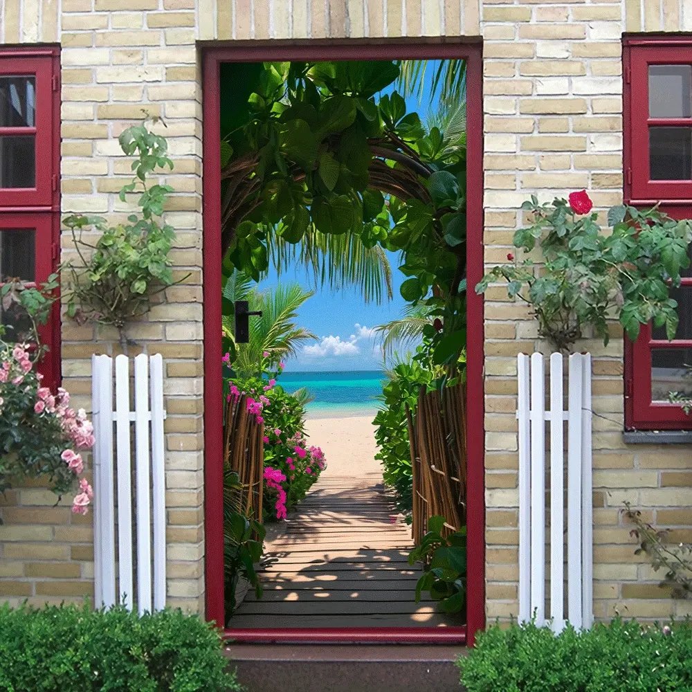 2pcs Tropical Archway Wall Sticker Simulation Plant Green Leaf Beach Sea View Decorative Sticker Living Room Bedroom Entrance Background Wall Self Adhesive Mural Home Decor Painting Sticker Removable Wa