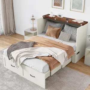 Full/Queen Size Murphy Chest Bed with Drawer and Charging Station, Farmhouse Wood Space-Saving Hidden Folding Bed Chest, Multifunctional Storage Cabinet for Bedroom, Office, Black/white